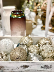 Closeup of Christmas tree with light, snow flake and decorations. Christmas and New Year holiday background