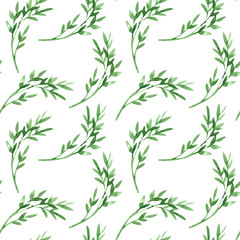 Watercolor seamless pattern with green leaves on white background. Hand drawn summer illustration. Perfect for textile, wrapping paper