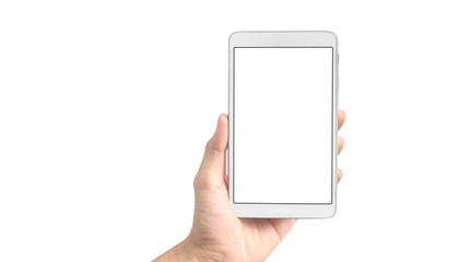 Hands holding a tablet touch computer gadget with isolated