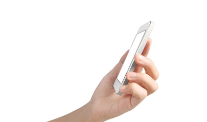 Fototapeta premium Man hand holding smartphone device touching screen