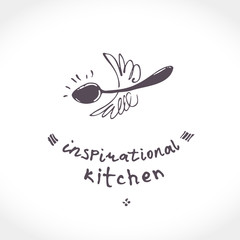 Inspirational kitchen. Illustration as a child's drawing a funny winged spoon. Funny picture drawn by pencils. Logo for cooking, cafe, street food, cooking courses and more.