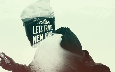 Double exposure mountain landscape with bearded traveler, road and lettering. Metaphor of travel.