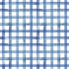 Watercolor stripe plaid seamless pattern. Blue color stripes background