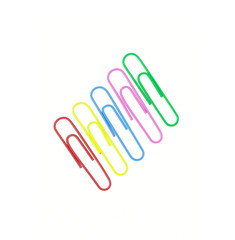 Series of colorful paper clips isolated on a white background. Decorative paper clips in pink, yellow, green, red and blue colors
