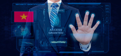 Finger Print Biometric Scanning Identification System. Businessman scan fingerprint biometric identity and approval. Vietnam Nationality