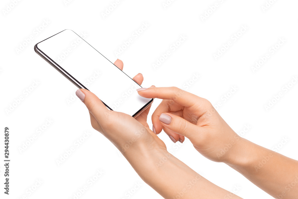 Poster female hands using smartphone with blank screen isolated on white