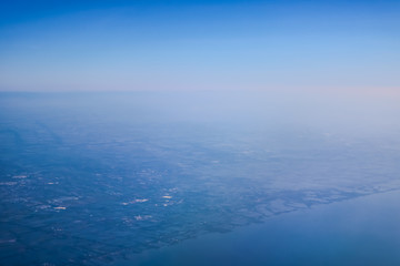 Fototapeta na wymiar Blue sky background, top view.