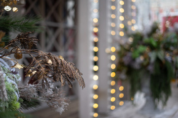 Closeup of Christmas tree with light, snow flake and decorations. Christmas and New Year holiday background