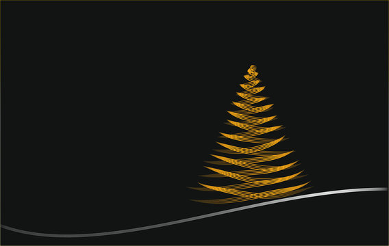 christmas tree with stars on black background with gold christmas tree
