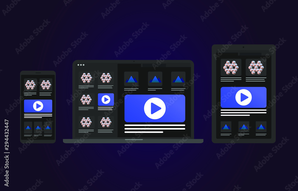 Poster responsive web design with computer laptop, tablet pc, mobile phone and smart watch. flexible websit