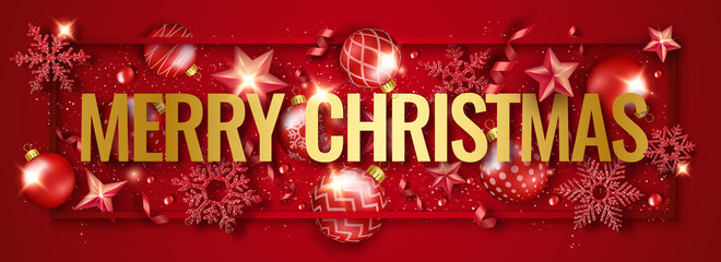 Christmas horizontal banner with shining snowflakes, ribbons, stars and colorful balls. New year and Christmas card illustration on red background