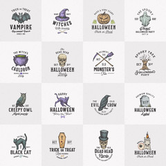 Vintage Style Halloween Logos or Labels Template Big Set. Hand Drawn Raven, Scull, Cat, Bat, Witch Hat and Tombstone Sketch Symbols Collection. Retro Typography. Shabby Textures Background.