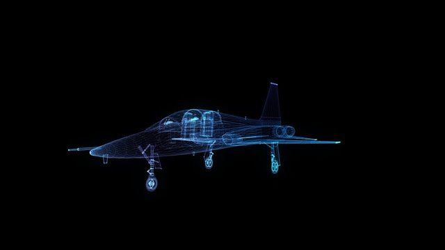 Jet in flight from abstract polygonal line. Low poly air plane in motion, lines and connected to form. Digital technology visualization of 3d.