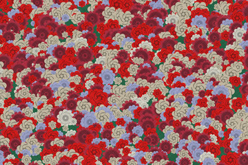 Fototapeta na wymiar Traditional Japanese origami paper texture. Colorful flowers pattern. Roses and chrysanthemums background illustration