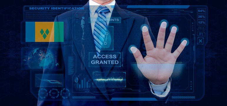 Finger Print Biometric Scanning Identification System. Businessman scan fingerprint biometric identity and approval. Saint Vincent and the Grenadines Nationality - Powered by Adobe