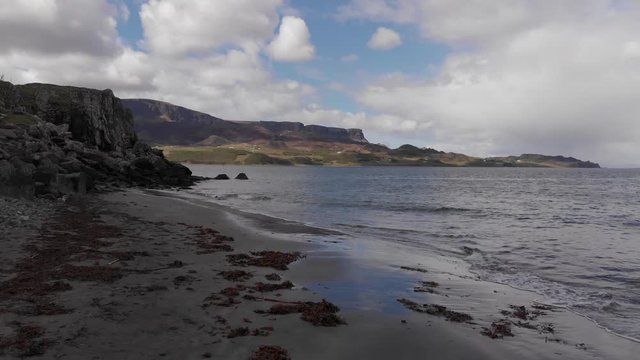 Beach And Coastline Aerial, An Corran Beach, Staffin Bay, The Quiraing, Isle Of Skye 4K Cine D