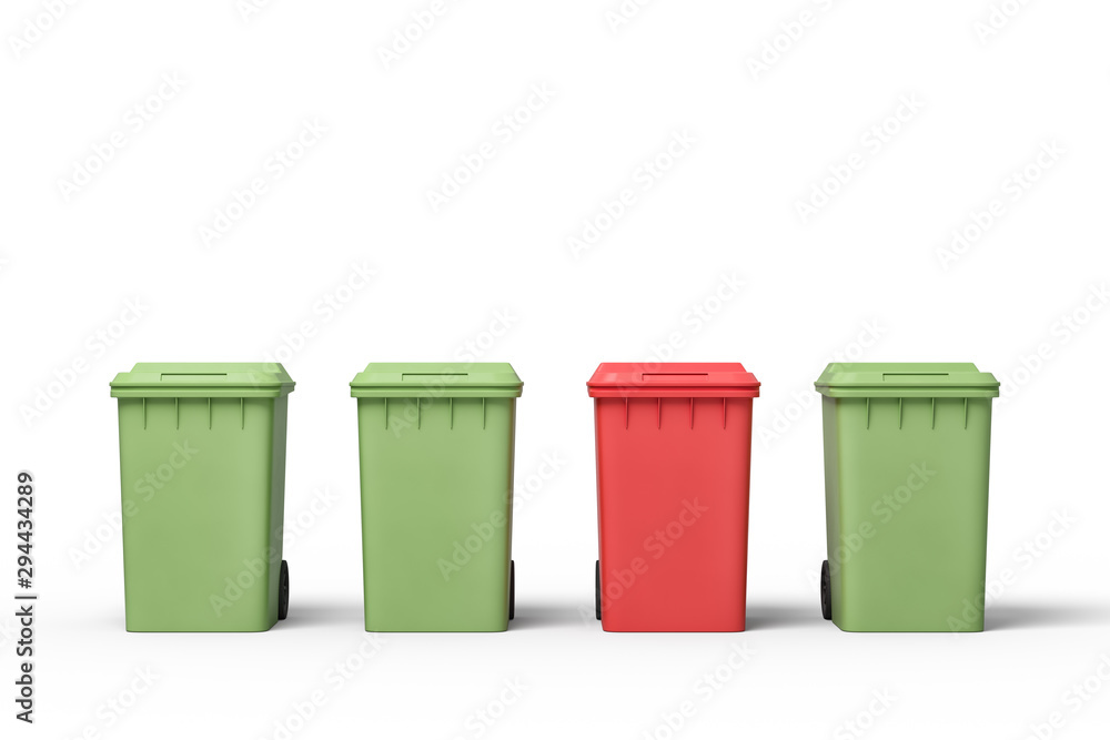 Poster 3d rendering of three green and one red trash bins