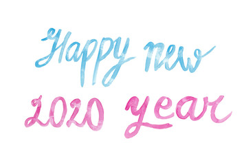 Happy New Year 2020 - blue and pink watercolor painting isolated on white background