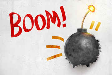 3d rendering of ball bomb with fuse breaking white wall with 'Boom' sign on white background