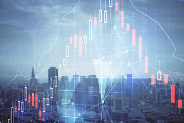 Forex graph on city view with skyscrapers background multi exposure. Financial analysis concept.