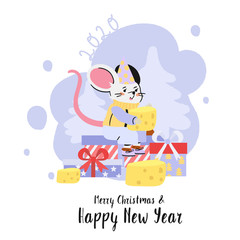 Merry Christmas and happy new year post card or print with a rat symbol of the next year, sitting on a pile of presents and holding cheese. Creative cute christmas party greeting or invitation.