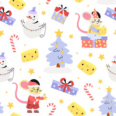 Merry Christmas and happy new year seamless pattern with a rat symbol of next year, snowman and gift boxes that can be used for print designs, textile, fabric, wrapping paper and other decorations.