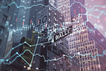 Forex chart on cityscape with tall buildings background multi exposure. Financial research concept.