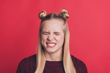 Close up photo of scared anticipating afraid terrified girl with stressed facial expression making...