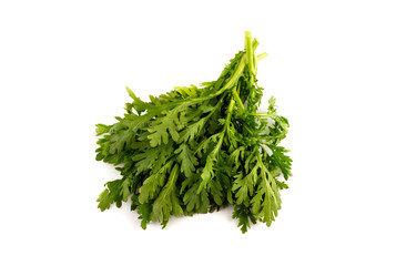 a batch of tung ho, Chrysanthemum greens, on white background