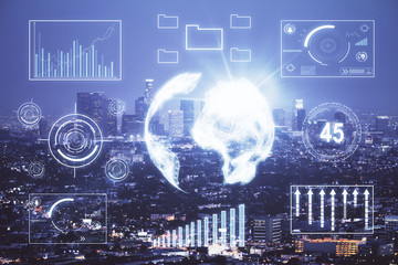 Financial graph on night city scape with tall buildings background double exposure. Analysis concept.