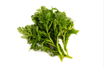 a batch of tung ho, Chrysanthemum greens, on white background