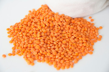 Red lentils raw in a bag