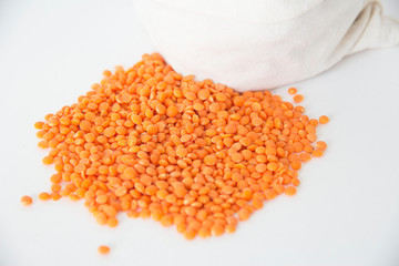 Red lentils raw in a bag