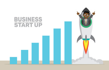 Cartoon character, African businessman flying in rocket to up.