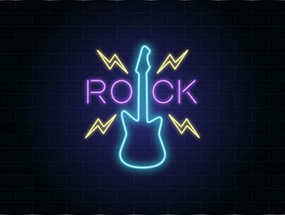 Color illustration of a neon guitar, lightning with text on a background of brick. Vector illustration on the theme of rock music