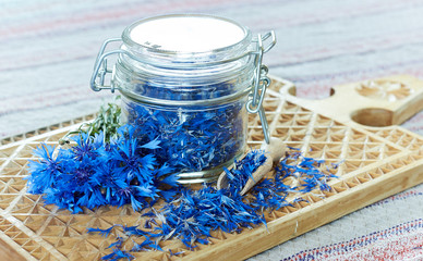 Blue cornflower or centaurea flower medicinal material is good as diuretic, in cosmetics and eyewash, fresh blossom and a jar with dry petals nearby, closeup, copy space, herbal drinks concept - obrazy, fototapety, plakaty