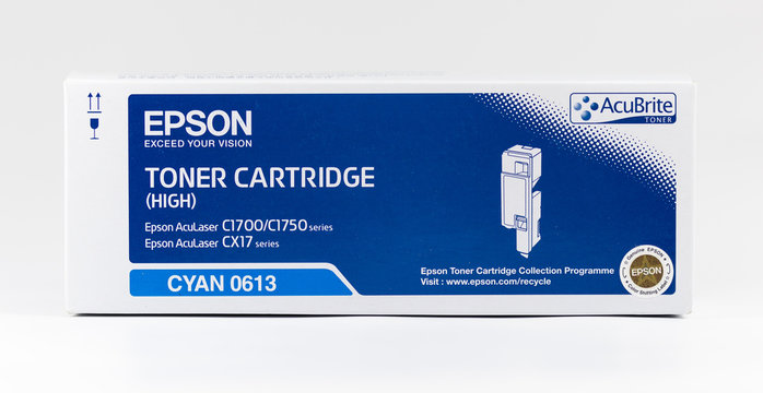 Cyan Epson toner cartridge on a white background.