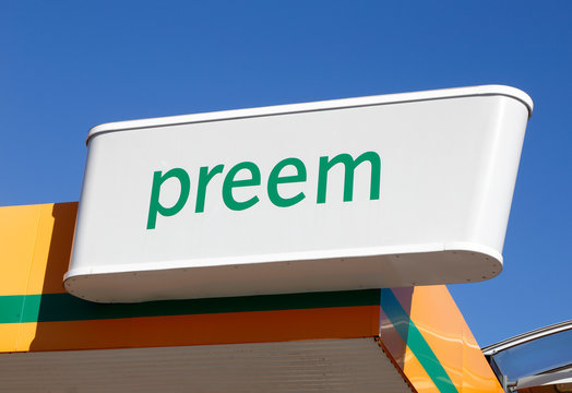 Soderhamn, Sweden - July 18, 2016: Closeup of the gasoline brand Preem service station sign located on the shelter.