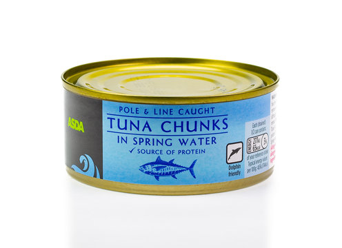 Tinned ASDA tuna chunks in spring water. White background.