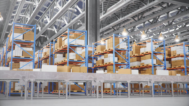 Packages delivery, parcels transportation system concept, cardboard boxes on conveyor belt in warehouse. Warehouse with cardboard boxes inside on pallets racks. Huge modern warehouse, 3D Illustration