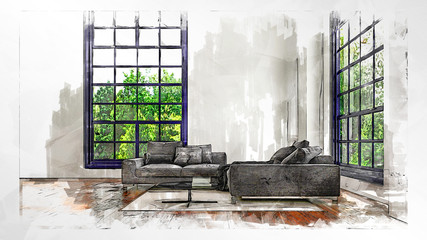 Render of contemporary apartment living room