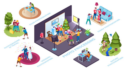 Set of photographers professions. Photo processing or camera process. Food and travel, wedding and nature, family photographer scenes. Video processing at studio. New year, christmas spotlight