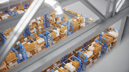 Packages delivery, parcels transportation system concept, cardboard boxes on conveyor belt in warehouse. Warehouse with cardboard boxes inside on pallets racks. Huge modern warehouse, 3D Illustration