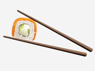 Sushi roll between chopsticks isolated on white background. Traditional Japanese restaurant sea food snack, susi, exotic nutrition menu modern logotype design element. Realistic 3d vector illustration
