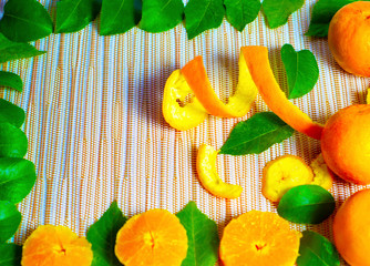 slices of orange with green petais on a white backgrond