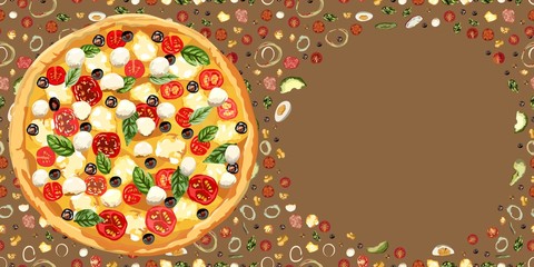 Tasty wholesome food. Real hot pizza. Vector