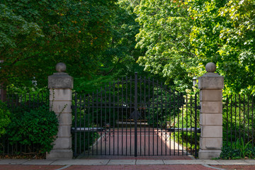 Fototapeta premium Gate Entrance to a Mansion lined with Green Trees