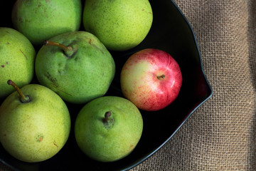 Still life orange yellow pumpkins butternut squash and red green pears, autumn farm harvest on retro canvas and black plate. Autumn fall atmospheric dark harvest still life on black background