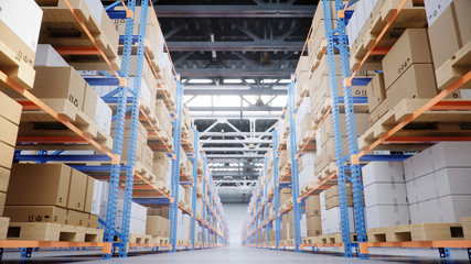 Warehouse with cardboard boxes inside on pallets racks, logistic center. Huge, large modern warehouse. Warehouse filled with cardboard boxes on shelves, boxes stand on pallets, 3D Illustration - obrazy, fototapety, plakaty