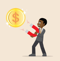  African Businessman holding magnets to attract Big Dollar coin.